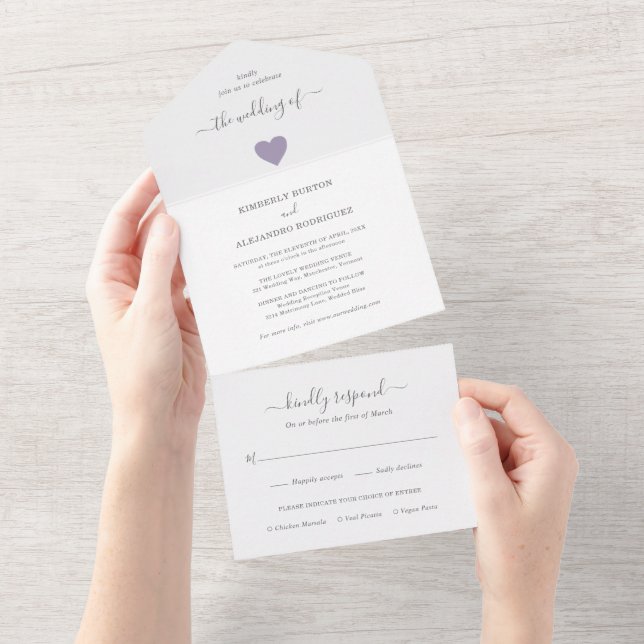 Invitation Tout En Un Simple Coeur mignon Moderne Dusty Mariage violet (Déchirure)