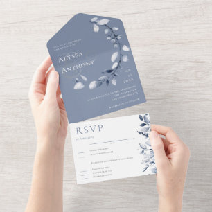 Invitation Tout En Un Simple Dusty Blue Floral tout en un mariage Invite