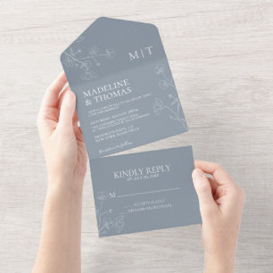 Invitation Tout En Un Simple Dusty Blue Minimal Mariage feuille de fleur