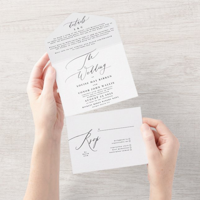 Invitation Tout En Un Simple Elegant noir sur Mariage blanc (Déchirure)