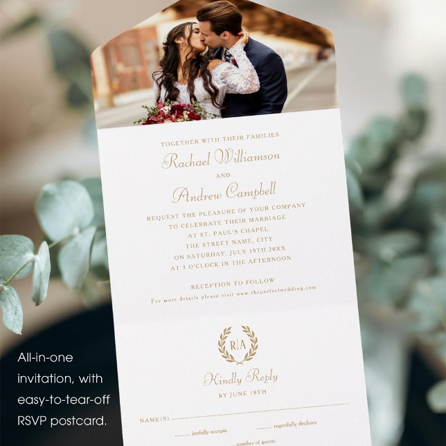 Invitation Tout En Un Simple Elegant Photo Monogramme Or Mariage blanc (Créateur téléchargé)