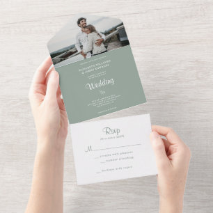 Invitation Tout En Un Simple Elegant Rustic Sage Mariage photo vert