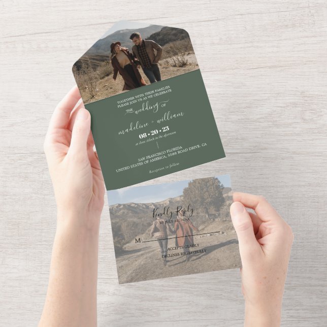 Invitation Tout En Un Simple Emerald Green Mariage photo tendance (Déchirure)