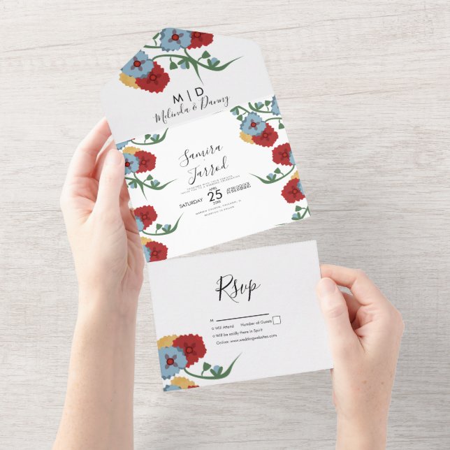 Invitation Tout En Un Simple Floral Folk Botanique Mexicaine Boda (Déchirure)