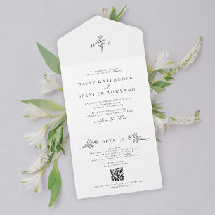 Invitation Tout En Un Simple Floral noir & blanc avec Mariage RSVP QR