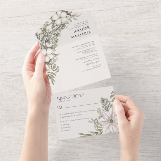 Invitation Tout En Un Simple hiver verdure crème ivoire Taupe Mariage (Déchirure)