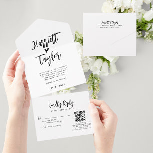 Invitation Tout En Un Simple Lovely Heart Script Mariage QR Code Rsvp