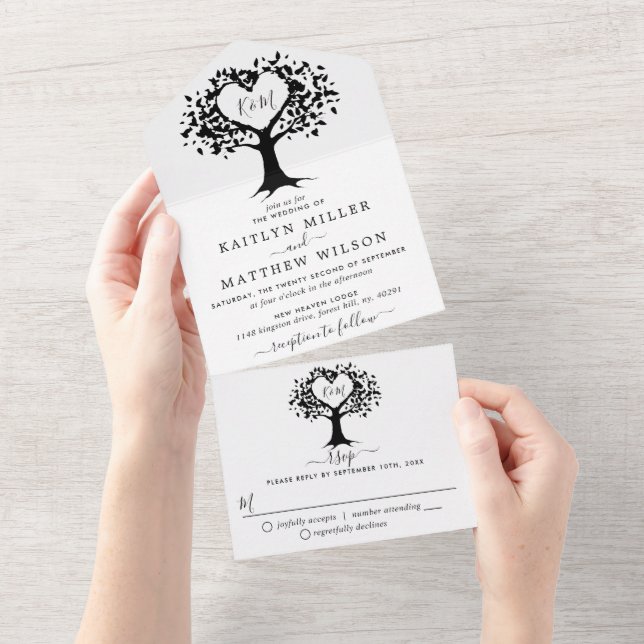 Invitation Tout En Un Simple Mariage de l'arbre cardiaque du Monogramme  (Déchirure)