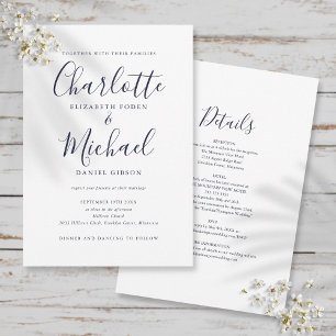Invitation Tout en un simple Mariage de script bleu marine
