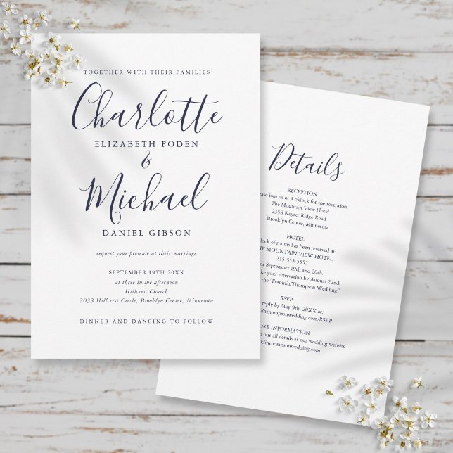 Invitation Tout en un simple Mariage de script bleu marine (Créateur téléchargé)