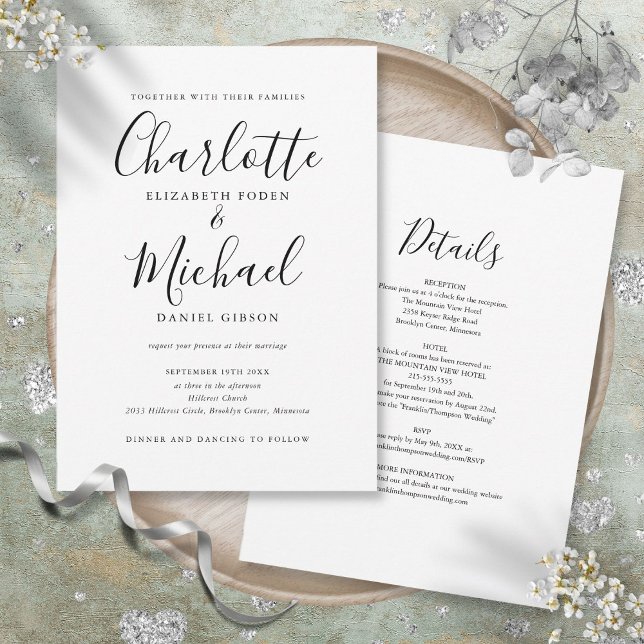 Invitation Tout En Un Simple Mariage De Script Noir Et Blanc (All In One Simple Black And White Script Wedding Invitation)