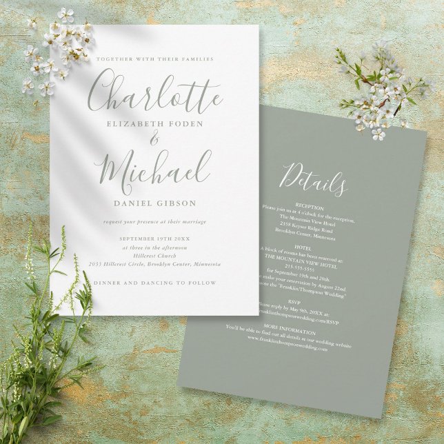 Invitation Tout en un simple Mariage de script vert Sage (Créateur téléchargé)