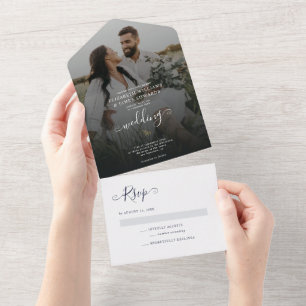 Invitation Tout En Un Simple minimaliste marine Bleu Mariage de Bohême