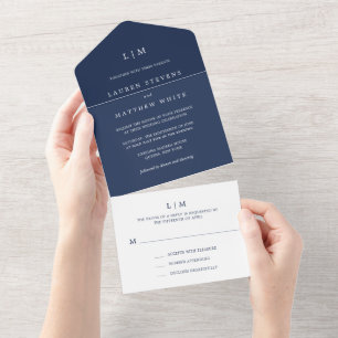 Invitation Tout En Un Simple Monogramme Bleu Marine Élégant de Mariage