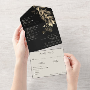 Invitation Tout En Un Simple Moody Greenery Mariage noir & beige