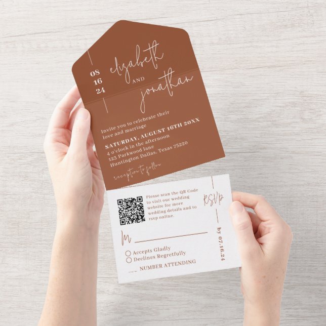 Invitation Tout En Un Simple Terracotta QR Code Classy Script Mariage (Déchirure)