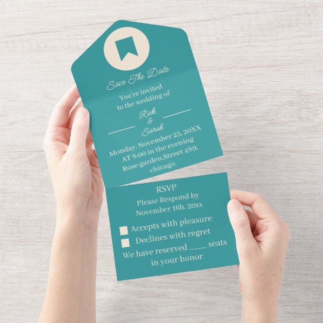 Invitation Tout En Un Simple Turquoise Customisé Enregistrer la date (Déchirure)