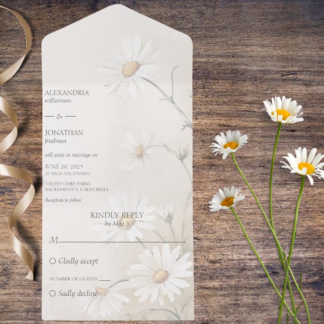 Invitation Tout En Un Simplement des marguerites (Also available with QR or code or with dinner options. )