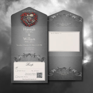 Invitation Tout En Un Skeletons sombres gothiques et Coeur Rose Code QR