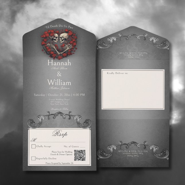 Invitation Tout En Un Skeletons sombres gothiques et Coeur Rose Code QR (Gothic Dark Skeletons & Rose Heart All In One Wedding Invitation with QR Code)