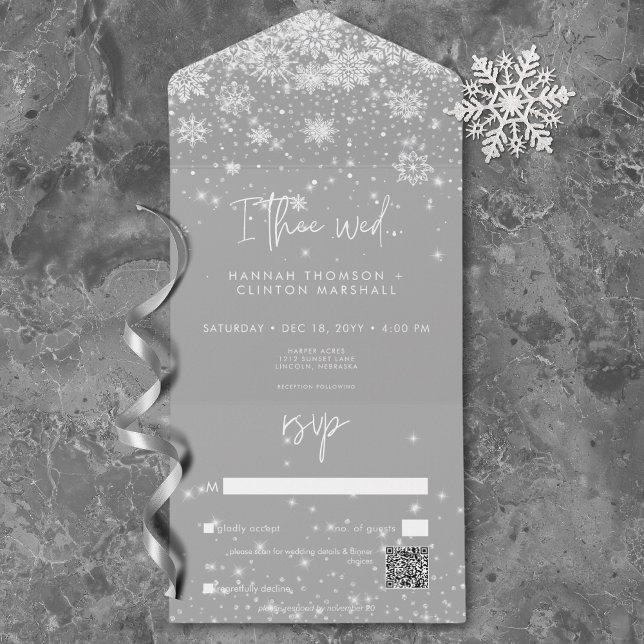 Invitation Tout En Un Snowflakes blanc moderne Code QR Mariage (Modern White Sparkle Snowflakes Wedding QR Code All In One Invitation)