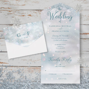 Invitation Tout En Un Snowflakes Élégant Script Mariage hivernal