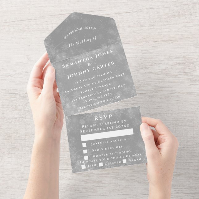 Invitation Tout En Un Snowflakes Snow Grey Winter Wonderland Mariage (Déchirure)