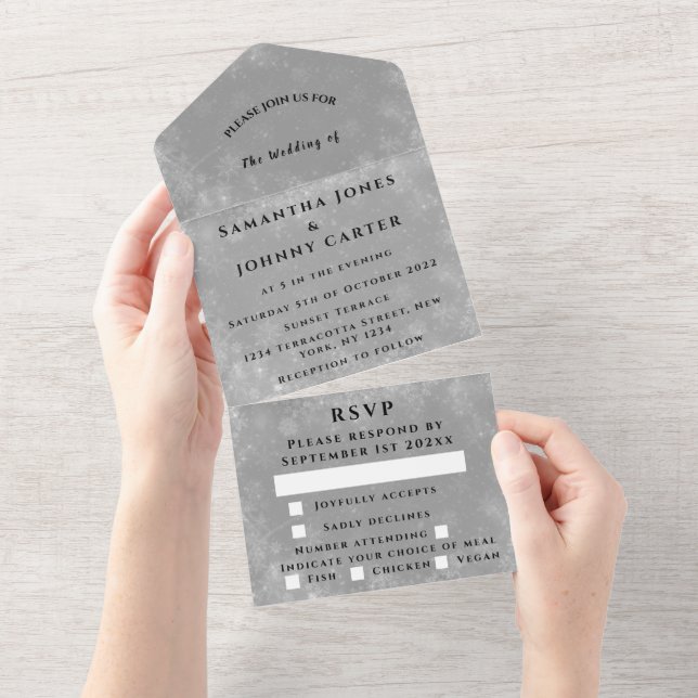 Invitation Tout En Un Snowflakes Snow Grey Winter Wonderland Mariage (Déchirure)