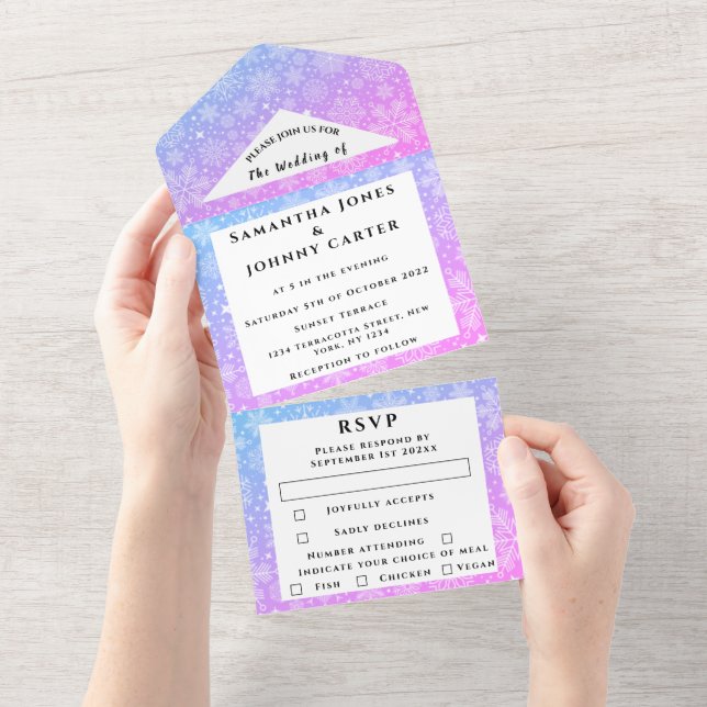 Invitation Tout En Un Snowflakes Snow Pink Winter Wonderland Mariage (Déchirure)