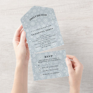 Invitation Tout En Un Snowflakes Sweet 16 Jolie Grey Girly