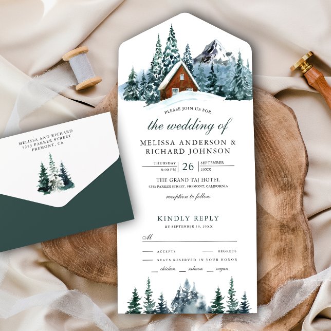 Invitation Tout En Un Snowy Winter Mountain Forest Cabine Lodge Mariage (Créateur téléchargé)
