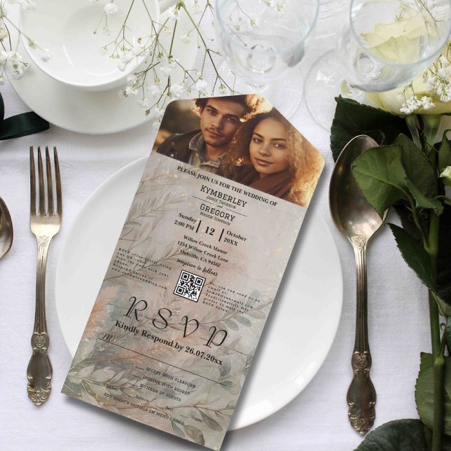 Invitation Tout En Un Soft Abstrait Botanical Grey Green Minimal QR Code (Créateur téléchargé)