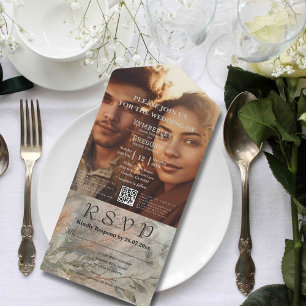 Invitation Tout En Un Soft Abstrait Botanical Grey Green Photo QR Code