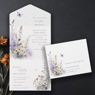 Invitation Tout En Un Soft Lilac Fleur sauvage Butterfly Garden Mariage