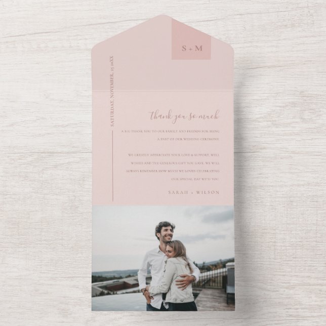 Invitation Tout En Un Soft Pastel Blush Dusky Mariage rose Merci (À l'intérieur)