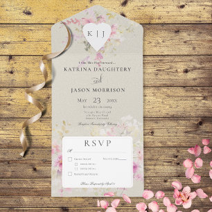 Invitation Tout En Un Soft Sage Romantique Coeur Vintage Dîner Floral