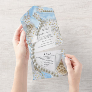 Invitation Tout En Un Soie bleue et perles tout en un mariage Inviter