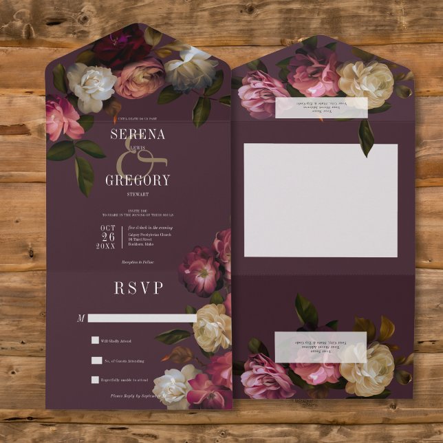 Invitation Tout En Un Sombre Moody Bourgogne Rose & Pignon Crème Pas de  (Dark Moody Pink Burgundy & Cream Peonies All In One Wedding Invitation without Dinner Options)