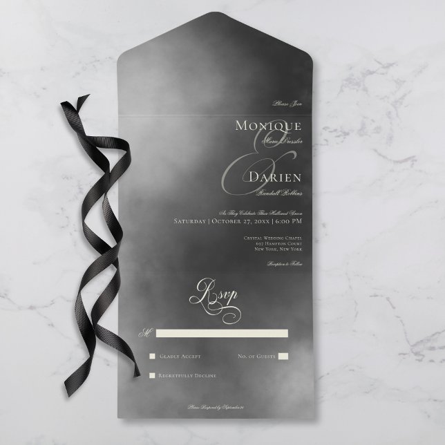 Invitation Tout En Un Sombre Moody Midnight Black Fog No Dinner Mariage (Dark Moody Midnight Black Fog No Dinner Wedding All In One Invitation)