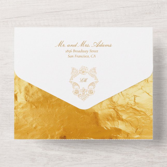 Invitation Tout En Un Sophistiqué Faux Foil Script Gold Mariage baroque (Verso)