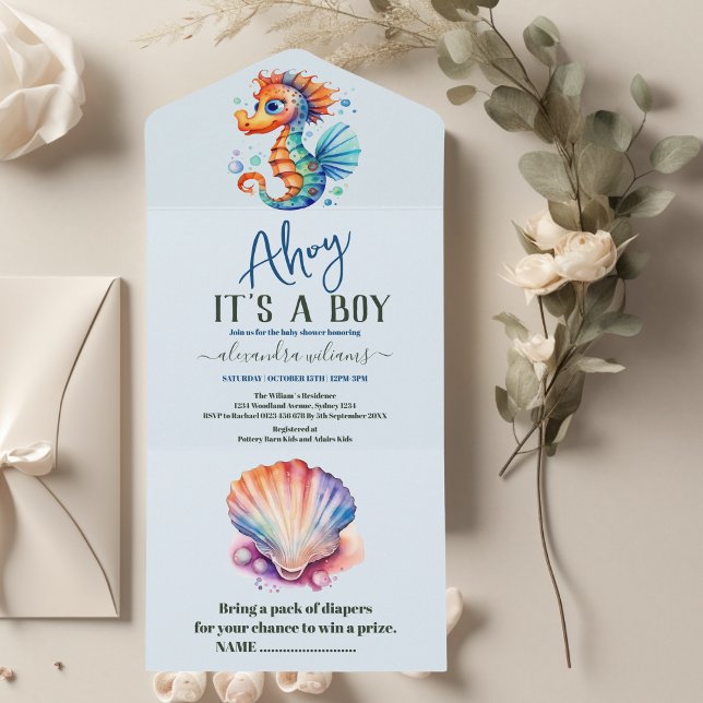 Invitation Tout En Un Sous le Baby shower d'aquarelle de mer (Créateur téléchargé)