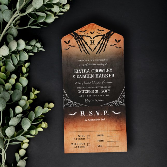 Invitation Tout En Un Squelette Coeur Monogramme Halloween Goth Mariage (Créateur téléchargé)