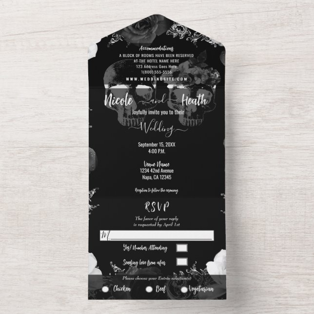 Invitation Tout En Un Squelette noir et blanc Mariage gothique (À l'intérieur)