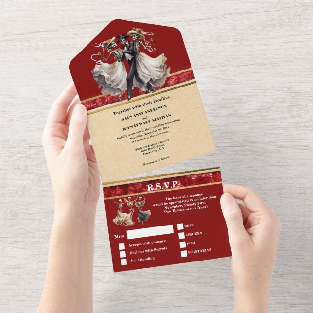 Invitation Tout En Un Squelette rouge marié marié gothique mariage (Déchirure)