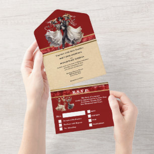 Invitation Tout En Un Squelette rouge marié marié gothique mariage