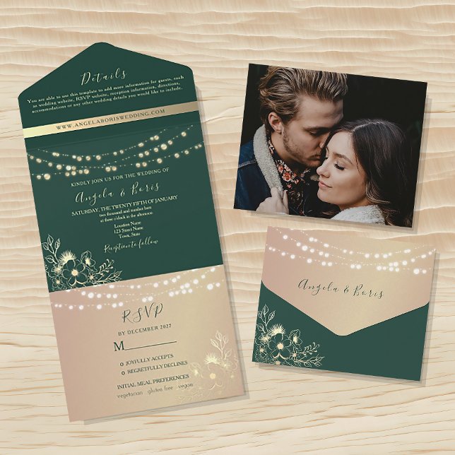 Invitation Tout En Un String Lights Gold et Emerald Green Mariage (Créateur téléchargé)