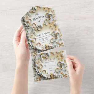 Invitation Tout En Un Style baroque de luxe Mariage or blanc