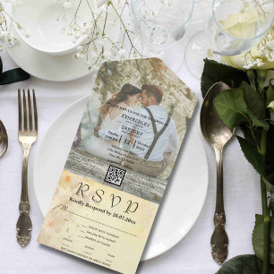 Invitation Tout En Un Style vintage Blanc Sakura Photo QR Code Site Web