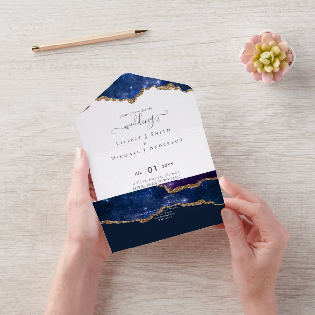 Invitation Tout En Un Sublime Agate Bleu Or ENSEMBLE DE MARIAGE (Vidéo)