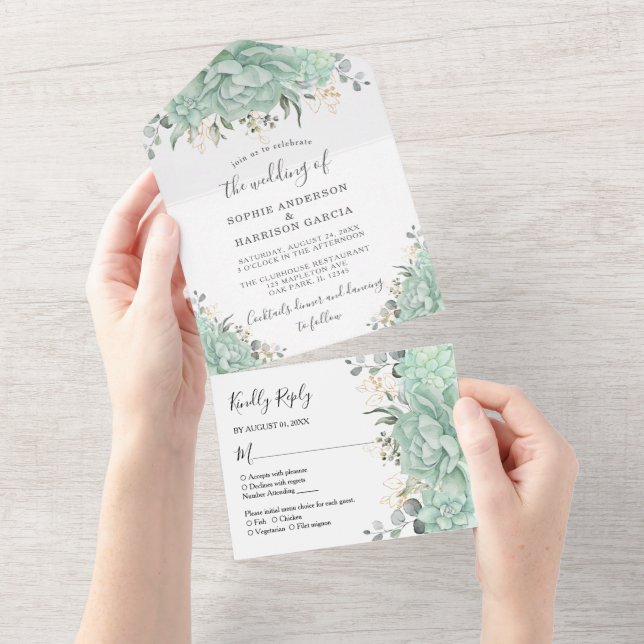 Invitation Tout En Un Succulents de verdure et Mariage Feuille d'or (Déchirure)